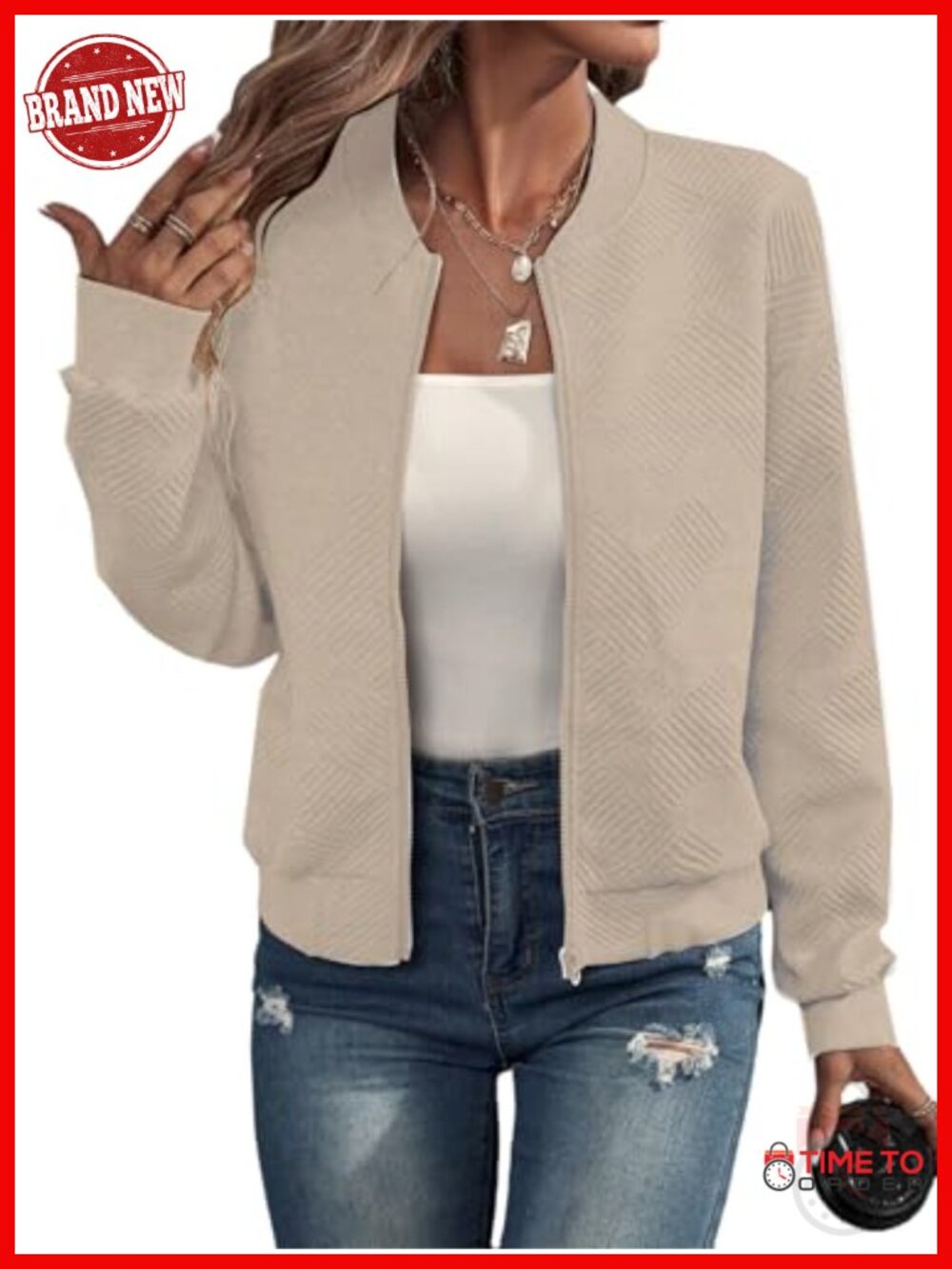 Cropped Bomber Jacket Lightweight Textured Zip Up Long Sleeve Casual Outerwear